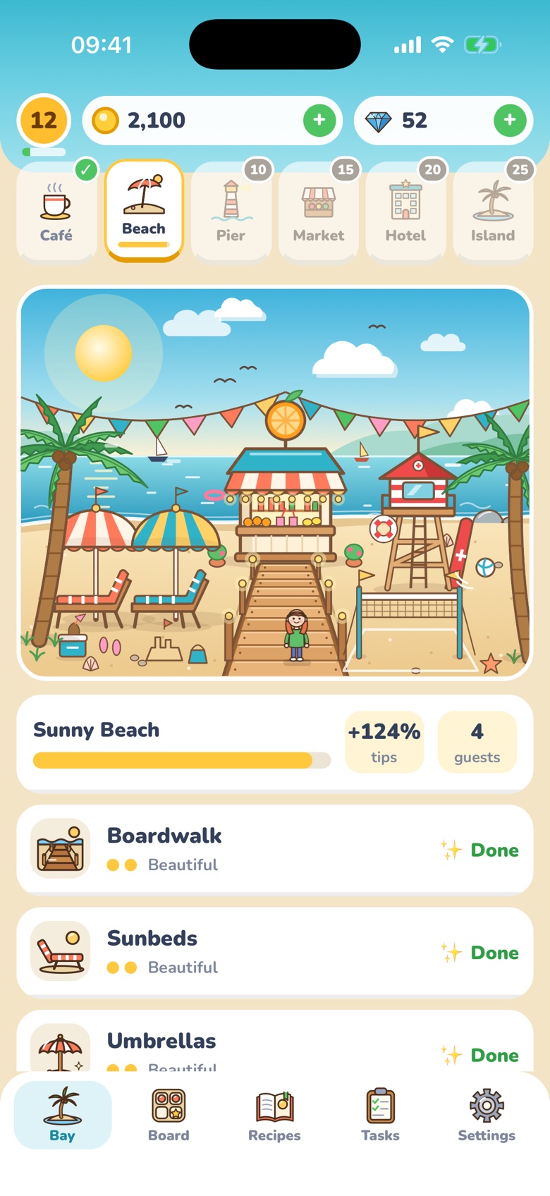 Sunny Beach fully restored: striped umbrellas, sunbeds, a juice kiosk with an orange sign, a lifeguard tower and bunting over the sand.