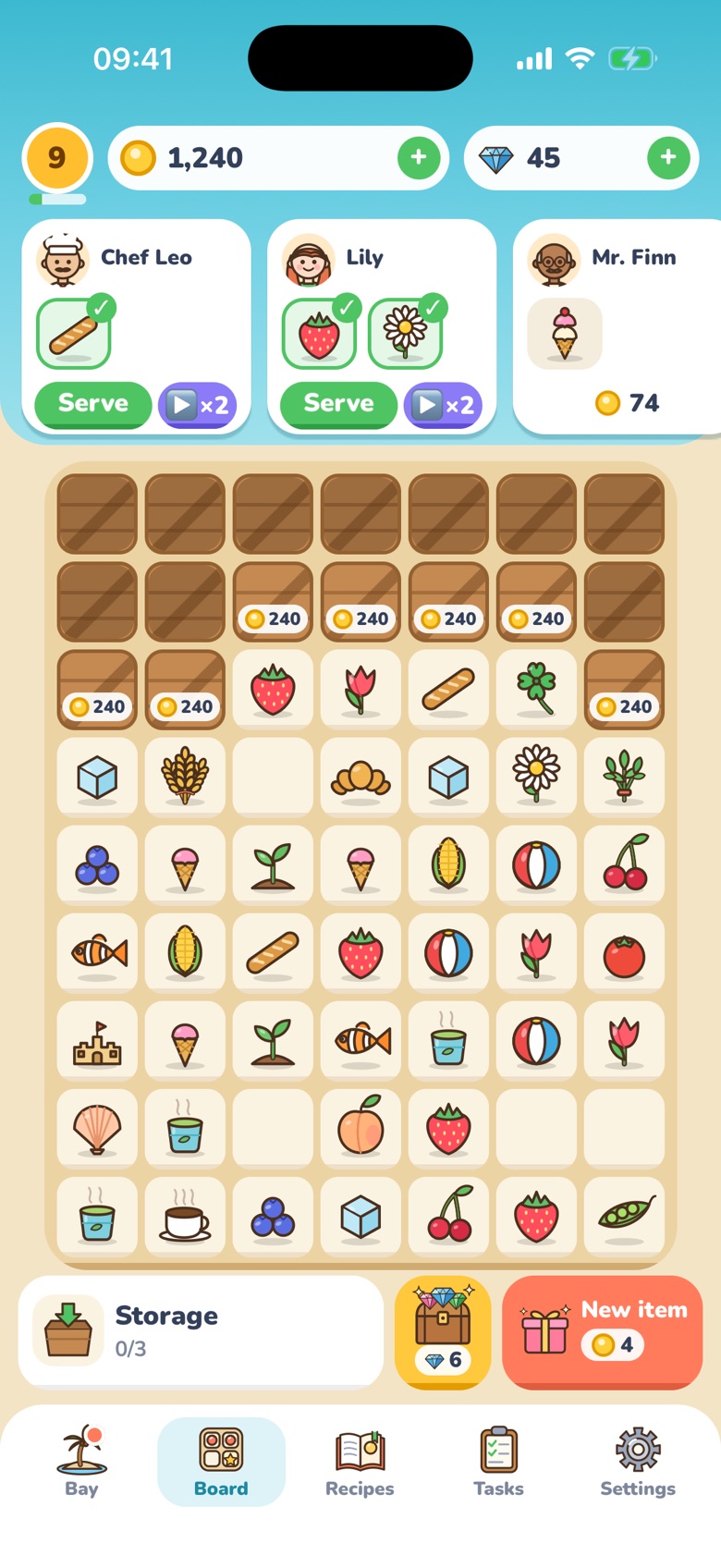 Sunny Bay on an iPhone: guests with their orders at the top, a board full of items to merge, and the New item button.