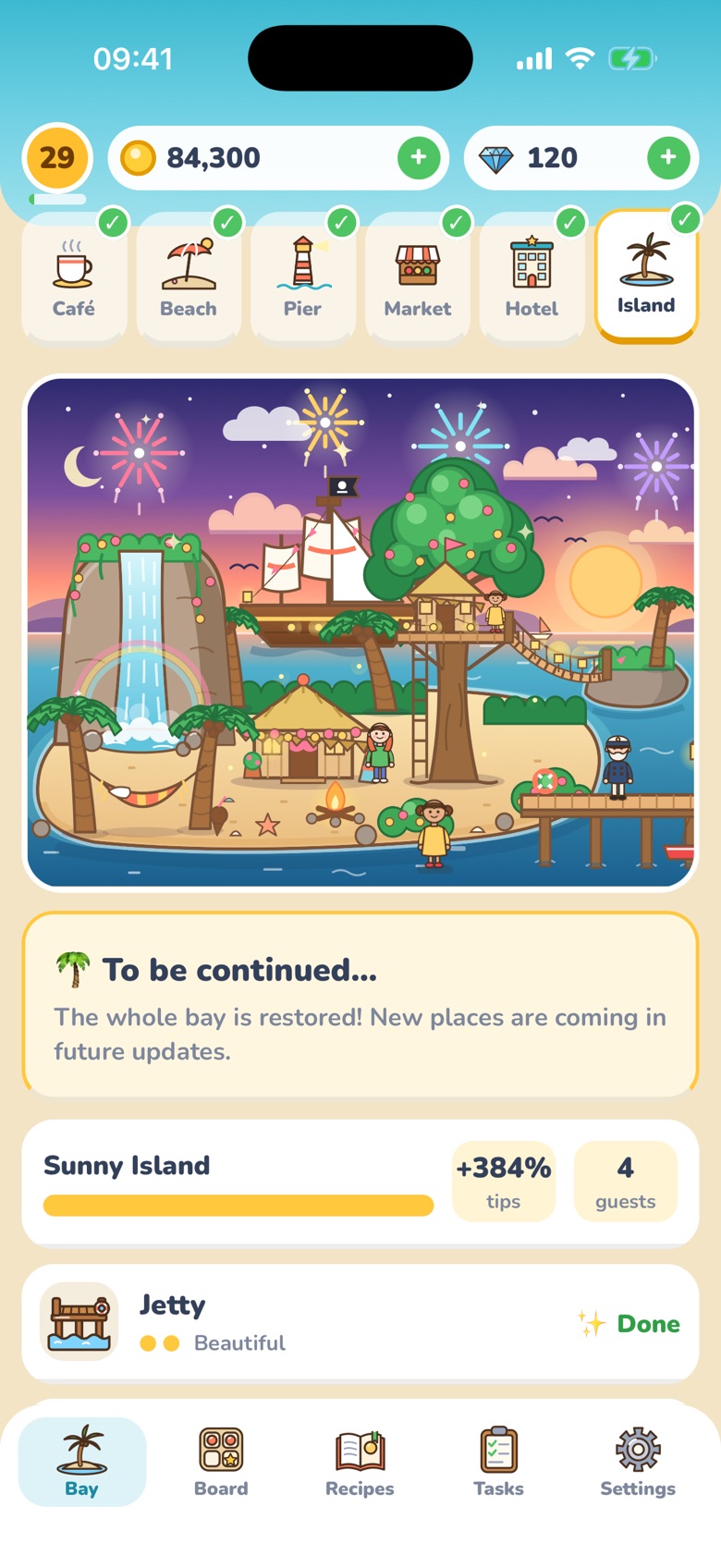 Sunny Island at sunset, fully restored: a waterfall with a rainbow, a pirate ship, a treehouse, a hut and fireworks in the sky.