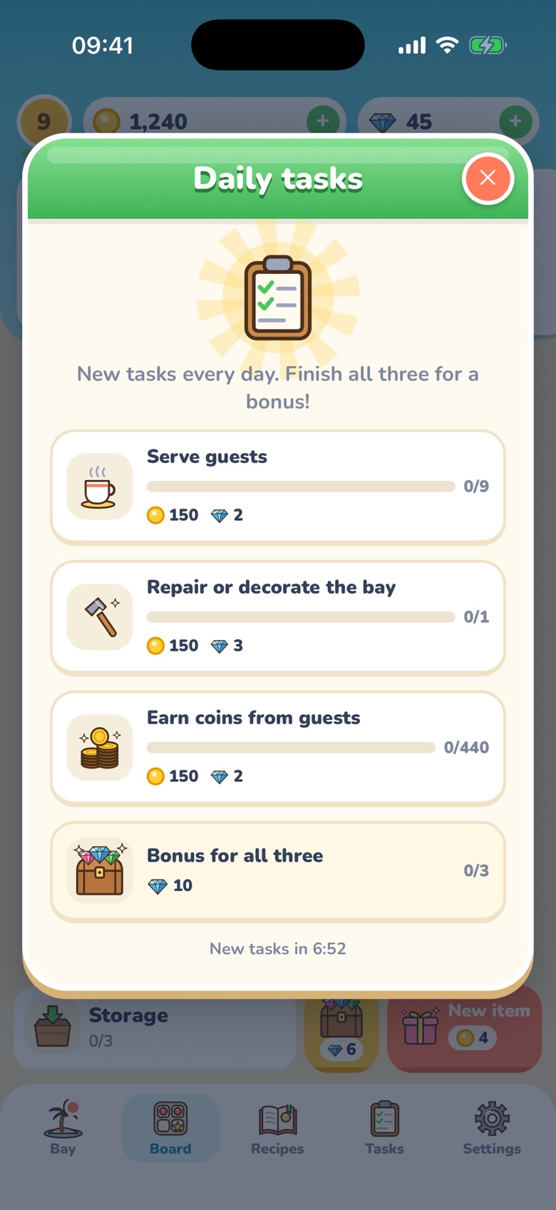 The daily tasks window: serve guests, repair the bay and earn coins, each with a reward, plus a bonus chest for all three.